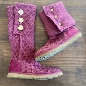 UGG Cardy Knit Button Down Boots Womens Size 9 Burgundy